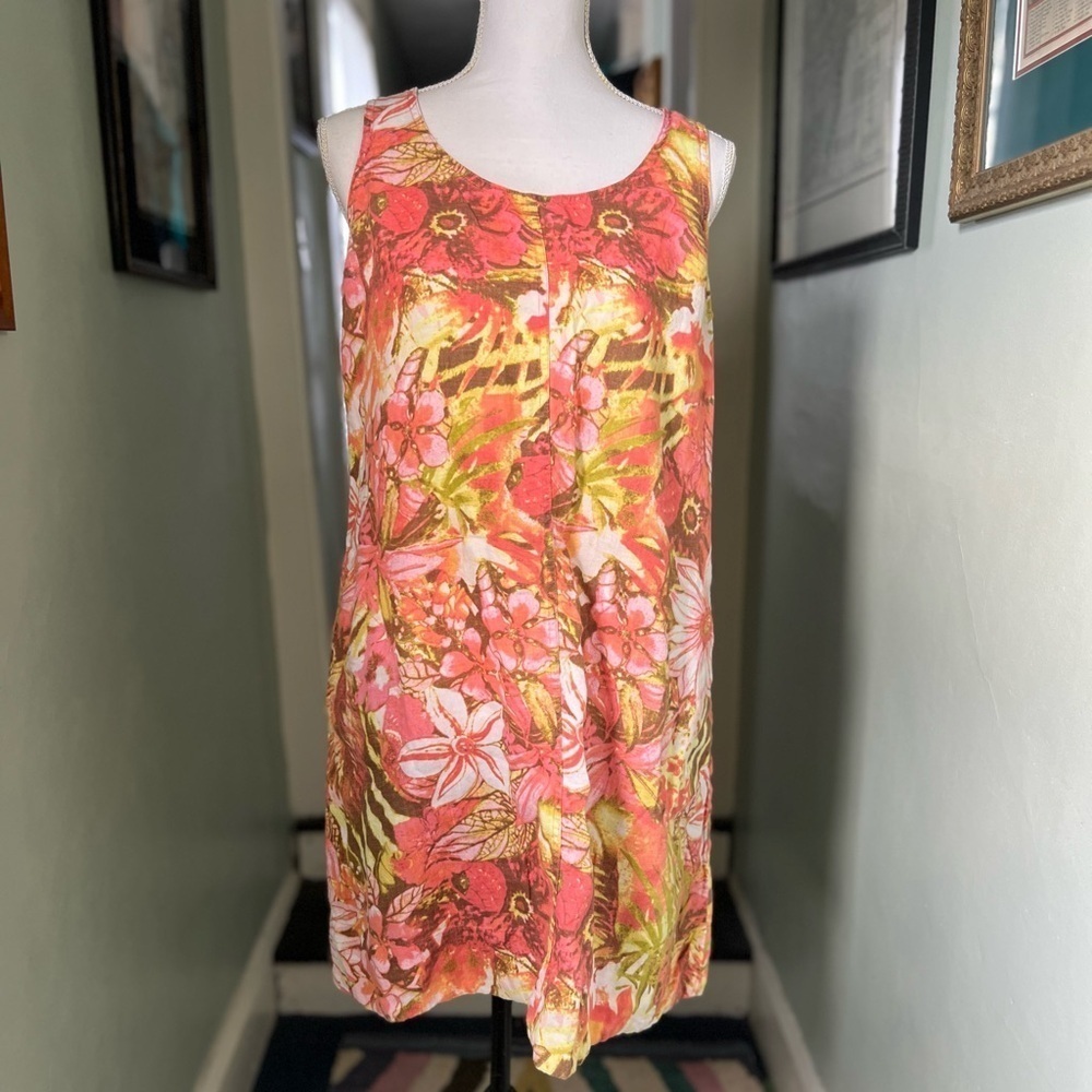 J Jill Love Linen Shift Dress Women Petite Medium Floral Sleeveless Pockets